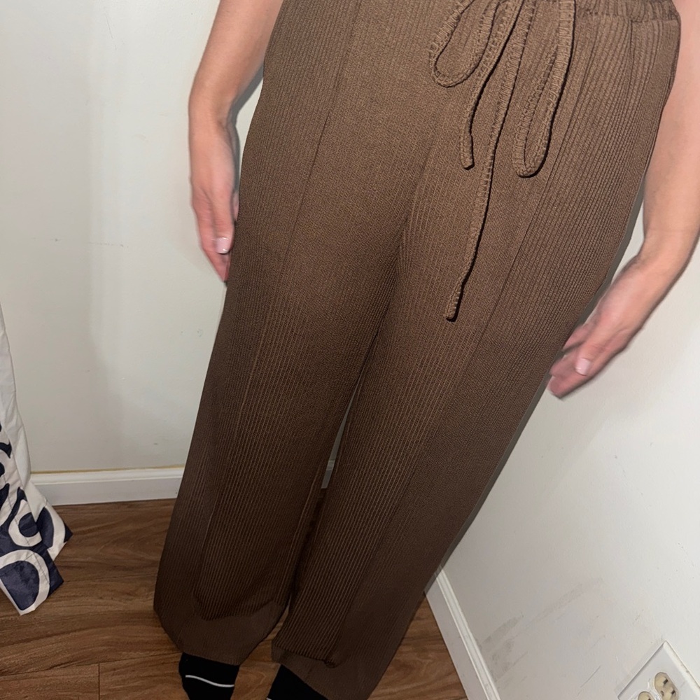 Brown Track Pants with Drawstring Waist and Tapered Ankle